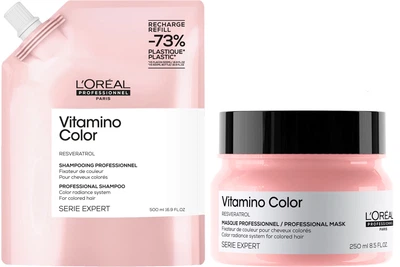 Професійний набір L'Oreal Professionnel Paris Serie Expert Vitamino Color для захисту та збереження кольору фарбованого волосся Шампунь Refill 500 мл + Маска 250 мл (3474637242190/3474636976058)