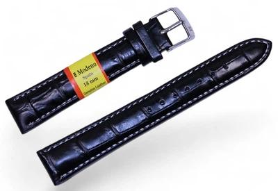 Кожаный ремешок для часов MODENO Spaine 18 мм (MOD18W1-23) черный с тиснением, ремешок из натуральной кожи со стальной застежкой, классический ремень для наручных часов