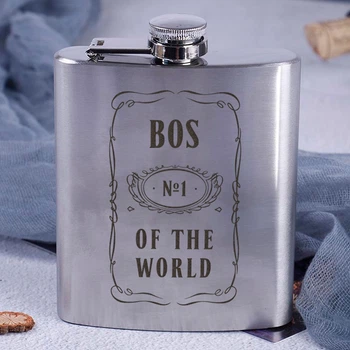 Фляга сталева "Bos №1 of the world", англійська, Дерев'яна подарункова коробка з гравіюванням, 210 мл