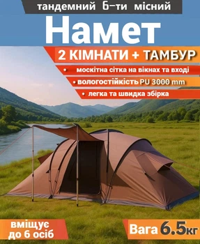 Кемпинговая туристическая палатка 6ти местная с тамбуром навесом , 2 комнаты