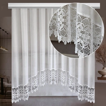 Шифонова штора арка з бахромою мереживом для кухонного вікна Adagio Windows Decor Тюль фіранка біла 3х1,6м