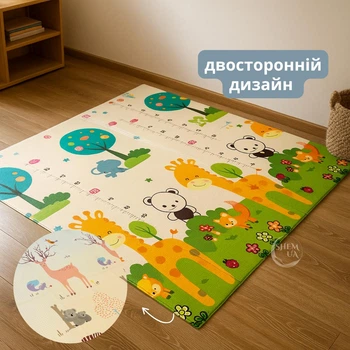 Термоковрик детский игровой двухсторонний 191х178 см с принтом Олени/Жираф с ростомером, складной мягкий с водостойким покрытием, KT2018-Deer/Giraffe