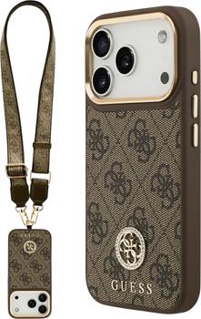 Панель Guess 4G Strass Logo & Big Strap Metal Buttons MagSafe для iPhone 17 Pro Brown (3666339550974)
