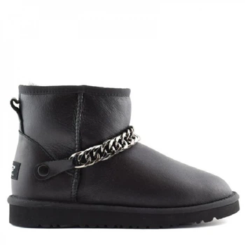 Жіночі уггі Міні Чорні Шкіряні з Цепкою Ugg Mini Chain Black Leather (36, чорний)