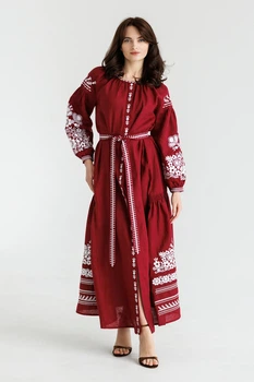 Сукня-вишиванка жіноча із лляного полотна Folk Moda XL Бордовий (0026-292511156)