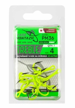 Тройной крючок Profmontazh PM36 light-greenUV №4, (7 шт/уп),UV36H051