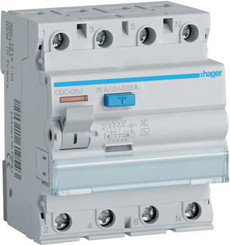 Wyłącznik różnicowoprądowy Hager CDC425J 3P+N 25 A 30 mA 6 kA AC