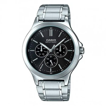 Мужские классические часы Casio MTP-V300D-1A серебристые с чёрным циферблатом