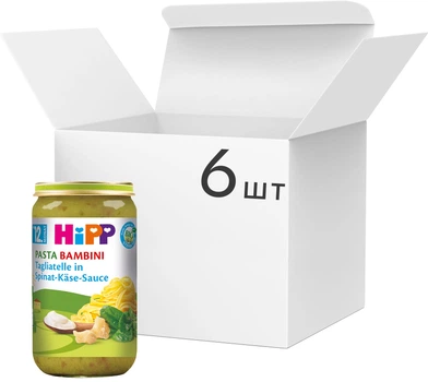 Упаковка пюре органического HiPP Паста Бамбини тальятеле в шпинатно-сырном соусе для детей с 12 месяцев 250 г х 6 шт (4062300253742)
