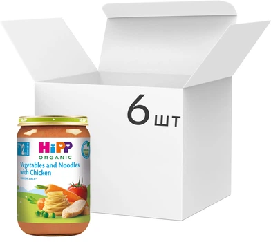 Упаковка пюре органического HiPP Овощи и лапша с курицей для детей с 12 месяцев 220 г х 6 шт (9062300406372)