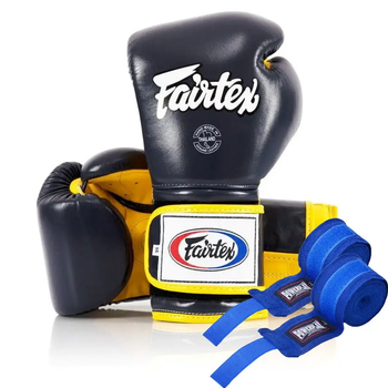 Перчатки боксерські з бинтами Fairtex Mexican BGV9 10 унцій, синє-жовті