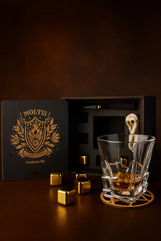 Подарунковий набір для віскі Moltis Premium Set Saxum — склянка, щипці, мішечок, підставка та 5 кубиків, що охолоджують (MR-1021)