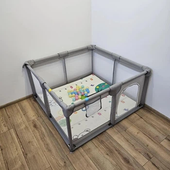 Детский раскладной манеж AVKO 120×180×65 см Grey, с шариками, ковриком и ручками для хождения — металлический каркас, сетчатые стенки, противоскользящие присоски, безопасный вход на молнии, для детей от 6 мес до 3 лет Серый