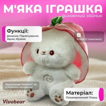Дитяча інтерактивна м'яка іграшка "зайчик" дихаючий, нічник музичний для сну з підсвічуванням