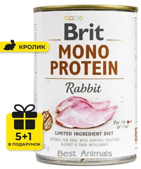 Вологий корм монопротеїн з кроликом Brit Mono Protein Rabbit Бріт консерва для собак 400 г 5+1 шт (8595602555376)