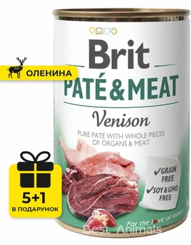 Вологий корм з олениною Brit Pate & Meat Venison консерва для собак 400 г 5+1 шт (8595602530403)