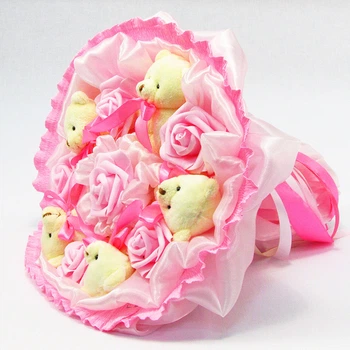Букет из игрушек 5 Мишки с розами в розовом(5248)