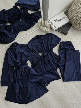 Комплект жіночий четвірка халат футболка шорти штани Evelyn Collection L-XL темно-синій