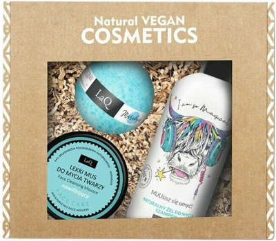 Набір косметики для догляду LaQ Natural Vegan Cosmetics Шампунь i гель для вмивання Music Корова 300 мл + Мус для вмивання зволожувальний 40 г + Бомбочка для ванни Маракуйя 120 г (5905778573815)