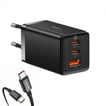 Сетевое зарядное устройство Baseus GaN5 Pro Fast Charger 2C+U 65W EU Чёрный with fast charging Cable Type-C to Type-C 100W