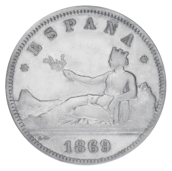 Монета Испания 2 песеты 1869 Серебро F-VF Временное правительство (1869 - 1874) (Ag 835, 10 грамм)