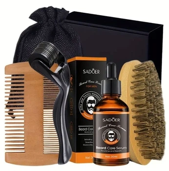 Набір для бороди та вусів Sadoer Beard Kit 5 в 1 чоловічий комплект для росту та догляду за бородой і вусами косметика з сироваткою маслом щіткою дерморолером гребінцем мішком подарунковий набір для укладення та зміцнення волос бороди