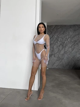 Платье Сетка Мини Из Кристаллов Белое Базовое Oversize (344538)