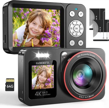 Цифровая камера DEATTI 4K 64MP с двумя экранами, картой 64GB, 2 батареи, 18X Zoom, Anti-Shake