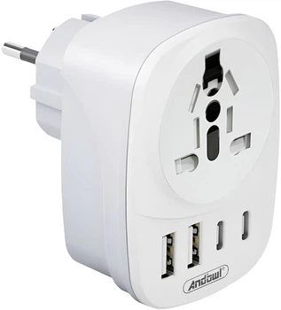 Сетевой адаптер Andowl Q-A536 6 в 1 2500 Вт 1 универсальная розетка 2 USB 2 USB-C Белый