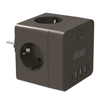 Мережевий адаптер 2E 4xТип F, 16A, 3xUSB-A, 1x USB-C, чорний (2E-AD431BK)