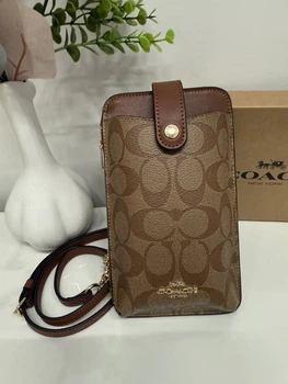 Coach C7397 Smartphone Shoulder COACH Coated Canvas Smooth Leather Signature Phone Crossbody Pouch Crossbody Pouch Crossbody Chain Smartphone Shoulder Bag Khaki