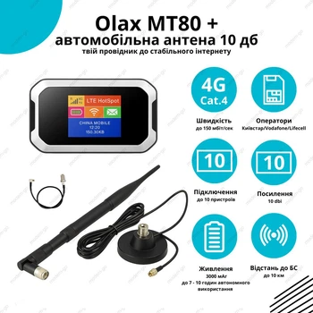 4G автокомплект WIFI роутер OLAX MT80 3000 мАч и автомобильная антенна 10 Дб