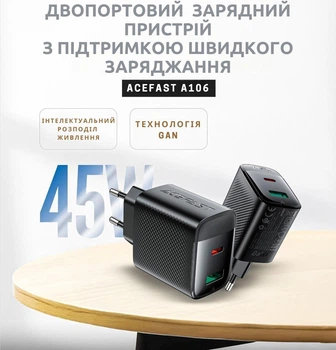 Потужний зарядний пристрій AceFast A106 45W GaN з підтримкою швидкої зарядки для Samsung iPhone Xiaomi Oppo