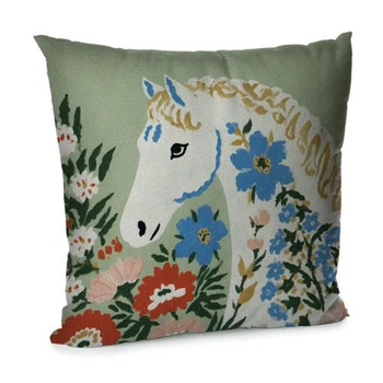 Подушка диванна з оксамиту Кінь та блакитні квіти 45х45 см