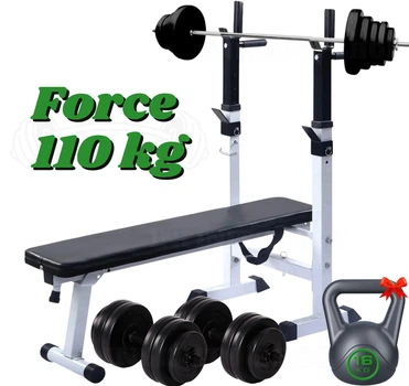 Тренировочная скамья WCG Force (бело-чёрная) со стойками и брусьями, штангой и гантелями (комплект 110 кг + гиря 16 кг в подарок)