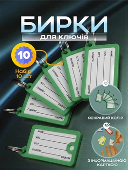 Бирки для ключей брелоки для гостиниц офисов с бумажной вставкой металлическим кольцом пластиковые 10 шт Зеленые 98_2_10_6C