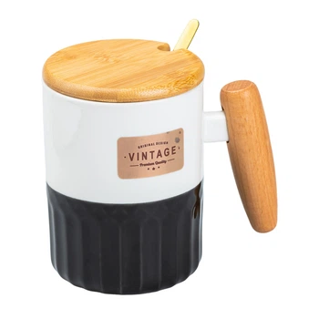 Чашка керамічна Vintage з бамбуковою кришкою та ложкою 400 мл Чорний з білим TS Kitchen HP7204B