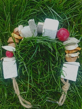 Підвісна жердинка-погризушка з пемзою, глиною та горіхами для папуг і гризунів - 30 см