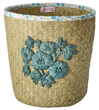 Кошик для зберігання Rice з рафії з вишивкою  квітів та квітковим кантом з тканини Блакитний (5708315259469)