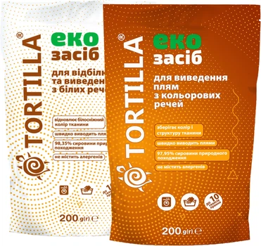 Набір TORTILLA Еko Відбілювач та плямовивідник для білих речей 200 г + Плямовивідник для кольорових речей 200 г (4820178066433)