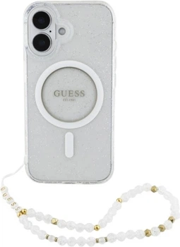 Etui Guess IML Glitter With Pearl Strap MagSafe do Apple iPhone 16 Plus Transparent (GUHMP16MHGCRELST)