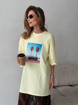 Жіноча широка футболка КАБРІОЛЕТ з принтом Milirud S/L Бежевий (564-425-ONESIZE)