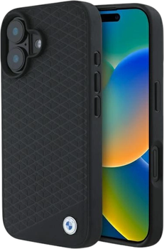 Etui plecki BMW Sign Leather Diamond Metal Logo MagSafe do Apple iPhone 16 Black (BMHMP16S23RDDK)