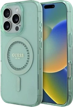 Etui Guess IML Rhinestones MagSafe do Apple iPhone 16 Pro Max Green (GUHMP16XPFTDTEN)