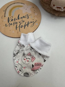 Царапки для новорожденного, кулир, белые с рисунком котиков, размер 0, от 0 до 3 месяцев