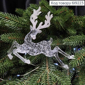 Новогодняя фигура новогодняя ОЛЕНЬ пластик цвет ПРОЗРАЧНЫЙ+БЛЕСК 14*11,5см игрушка на елку