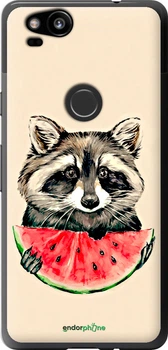 Чехол на Google Pixel 2 Енотик с арбузом "4605t-1075-70447"