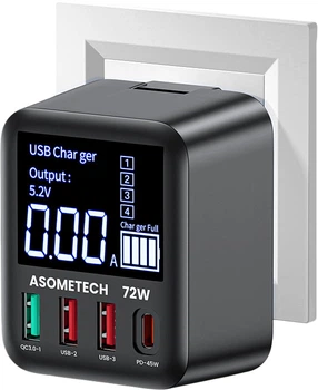 Зарядний пристрій ASOMETECH WLX-A9T 72Wmax GAN (PPS, PD3.0, QC4+) порти TypeC + 3USB Black (43048)