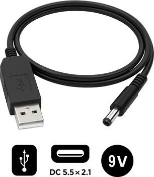 Підвищуючий перехідник - кабель для роутера JoyPro USB з 5В на 9В 5.5x2.1 мм 100 см (1051-2a)
