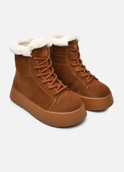 Женские зимние замшевые ботинки PARADIZE SHOES рыжего цвета на шнурках с меховой опушкой и высокой подошвой 37 размер (стелька 24,1 см)
